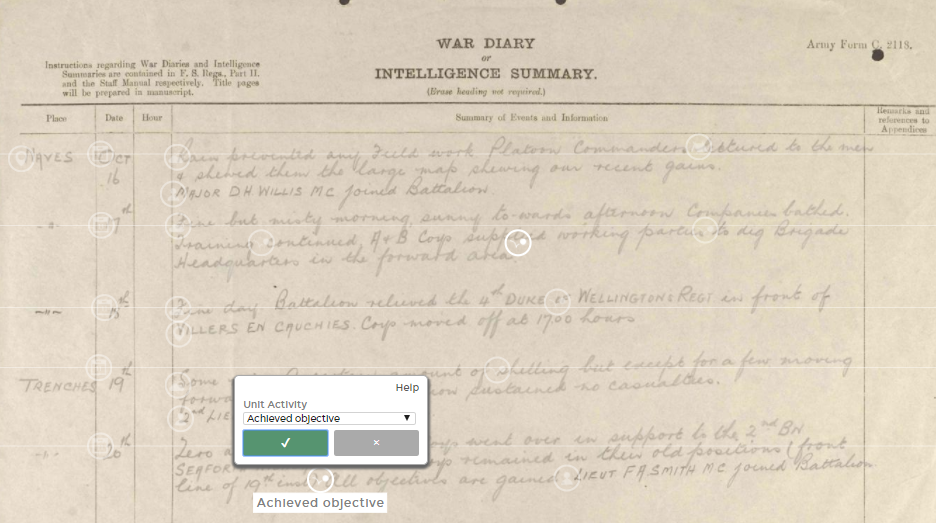 A screen capture of a tagged diary page from the 10th Infantry Brigade, 1st Battalion Royal Warwickshire Regiment, October 20, 1918. White markers indicate the recorded locations, dates, names, weather conditions, and troop activities. An open tag box shows where a student would note that this unit achieved its set objectives. (Source: Operation War Diary)